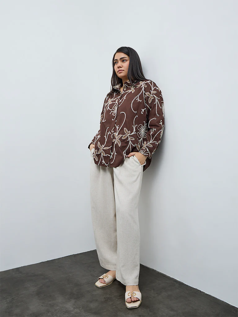 Gia Dark Brown Floral Embroidered Cotton Shirt - Image 2