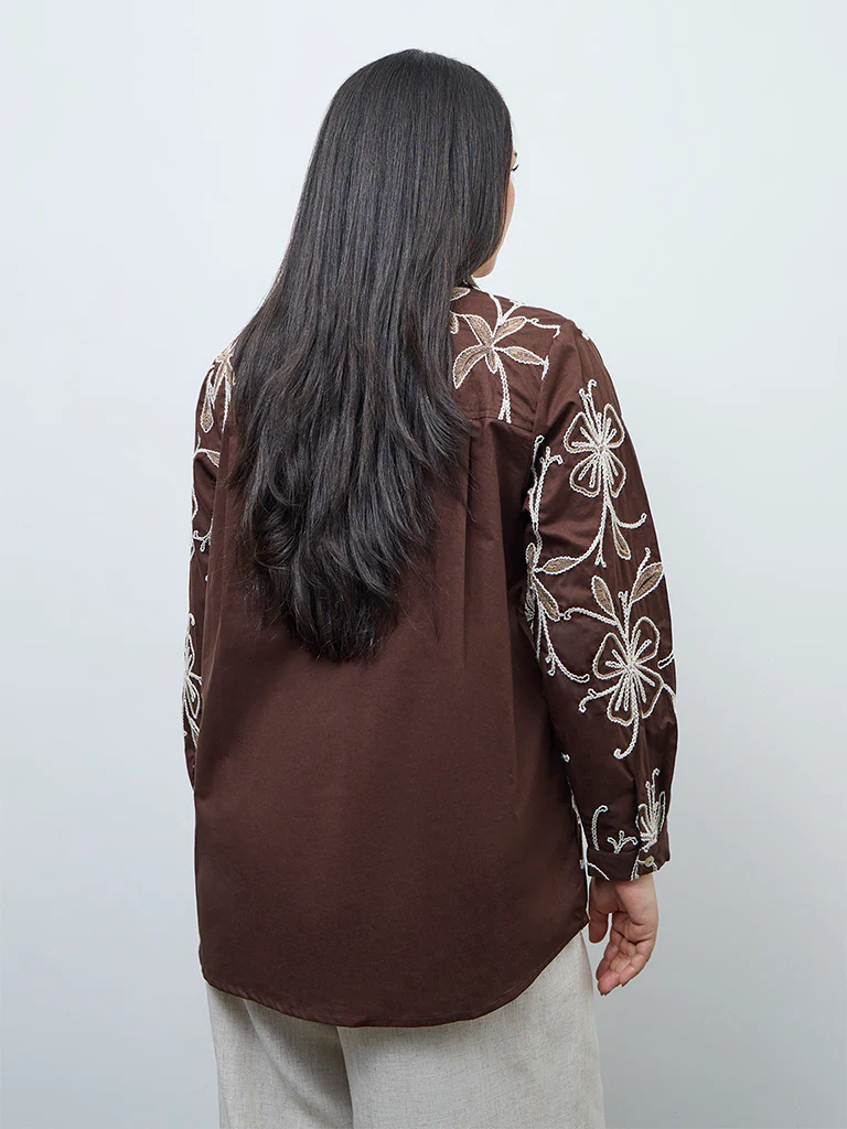Gia Dark Brown Floral Embroidered Cotton Shirt - Image 4