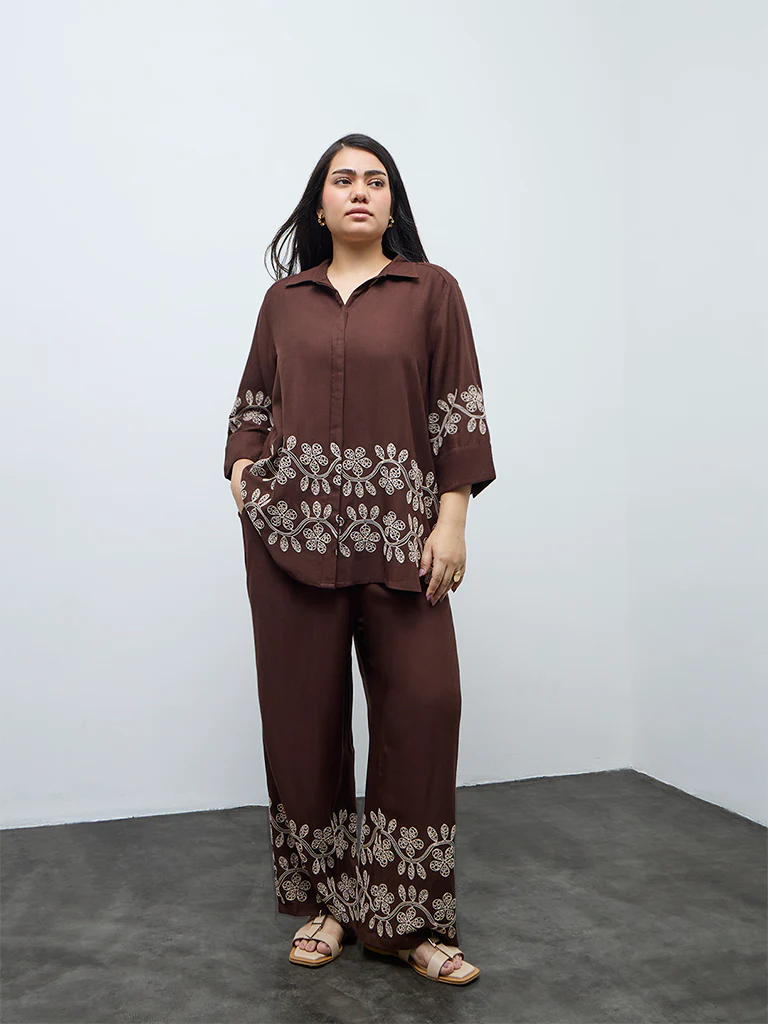 Gia Dark Brown Floral Embroidered High-Rise Pants