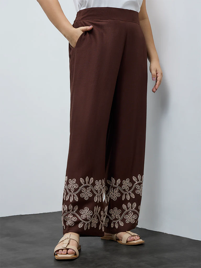 Gia Dark Brown Floral Embroidered High-Rise Pants - Image 2