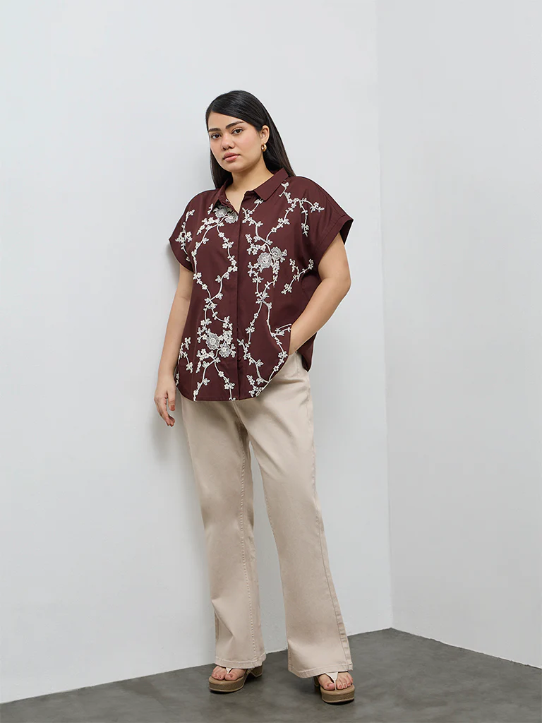 Gia Dark Brown Floral Embroidered Shirt - Image 2