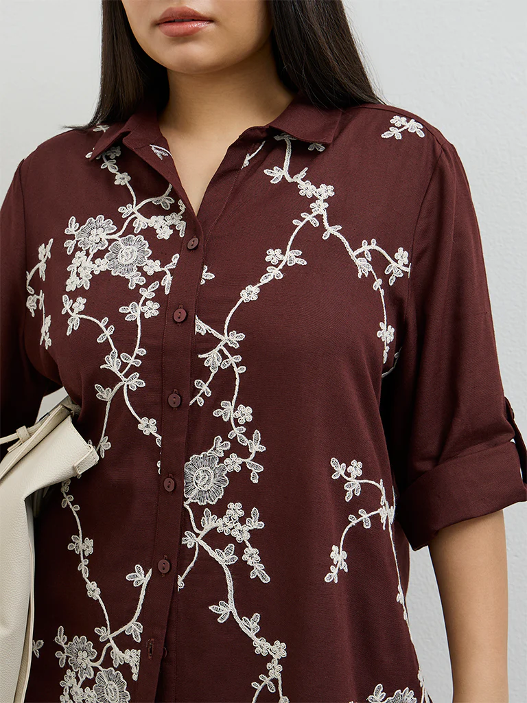 Gia Dark Brown Floral Embroidered Shirt - Image 3