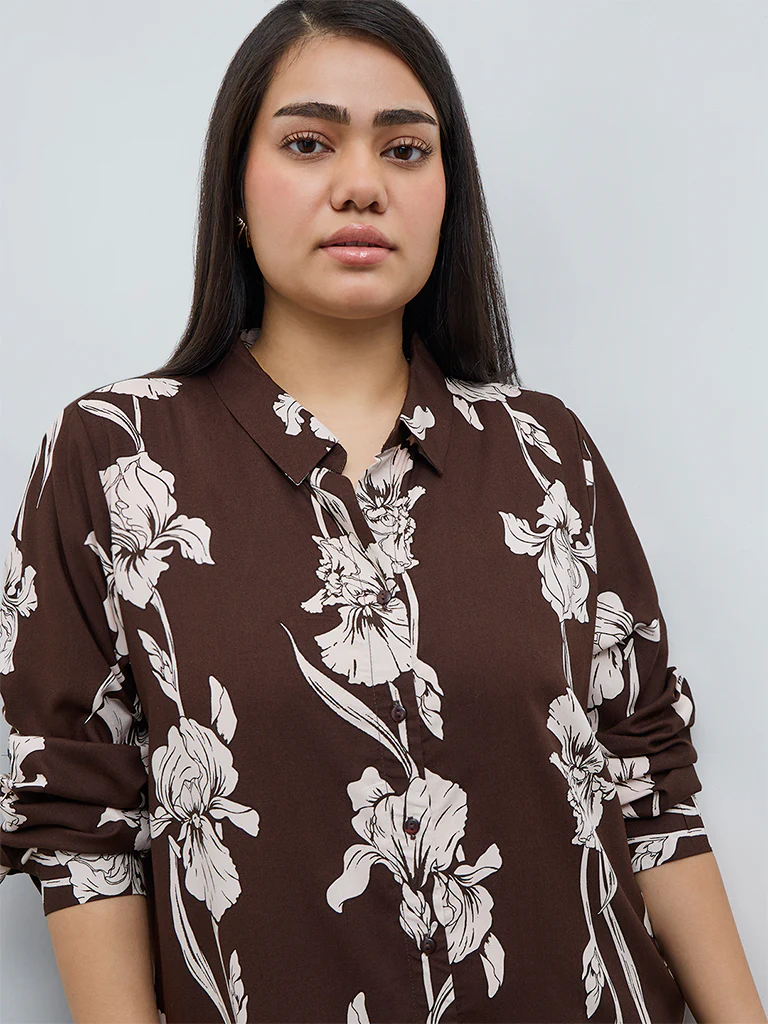 Gia Dark Brown Floral Shirt Dress - Image 3
