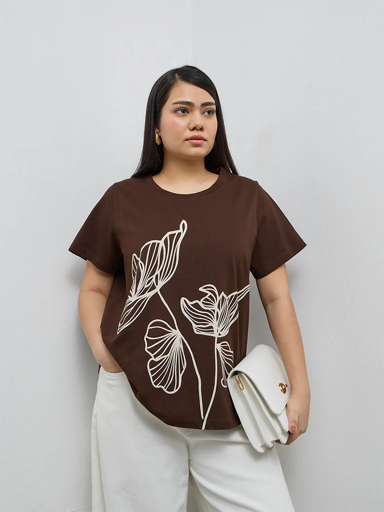 Gia Dark Brown Foliage Printed Cotton T-Shirt
