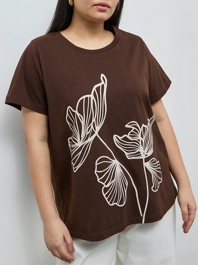 Gia Dark Brown Foliage Printed Cotton T-Shirt - Image 3