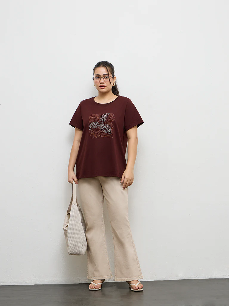 Gia Dark Brown Leaf Design Cotton T-Shirt - Image 2