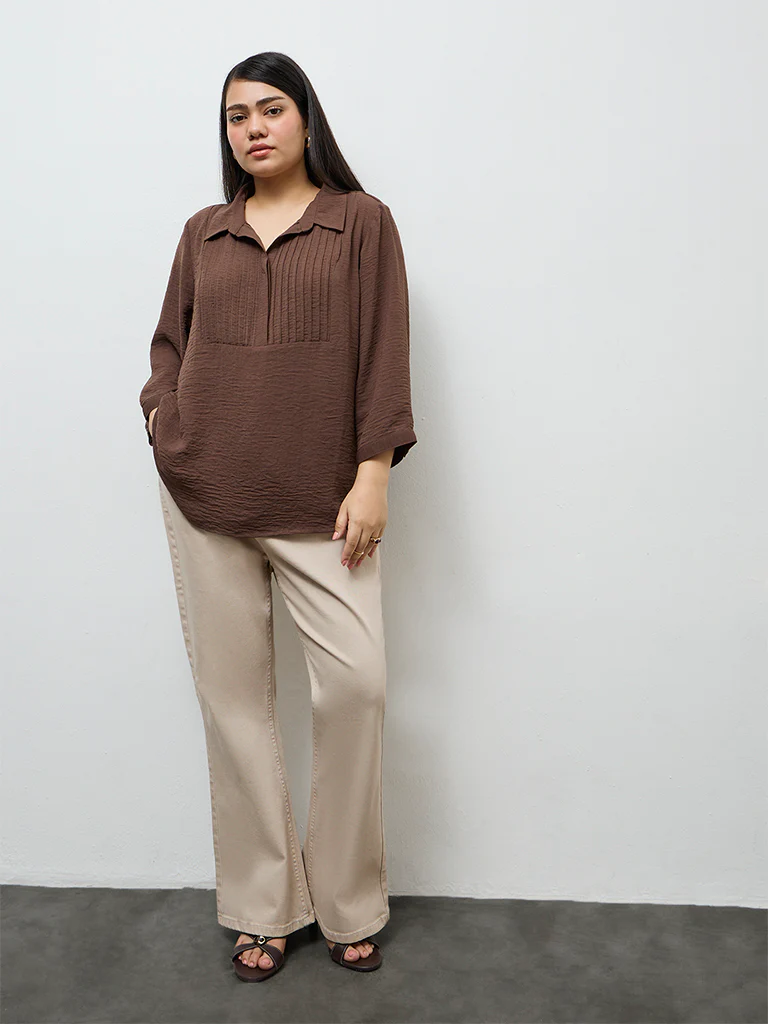 Gia Dark Brown Pintuck-Detail Blouse