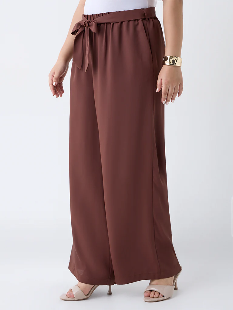 Gia Dark Brown Solid High-Rise Pants with Belt - Image 2