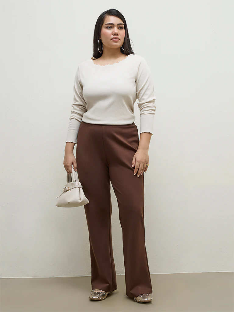 Gia Dark Brown Solid High-Rise Trousers
