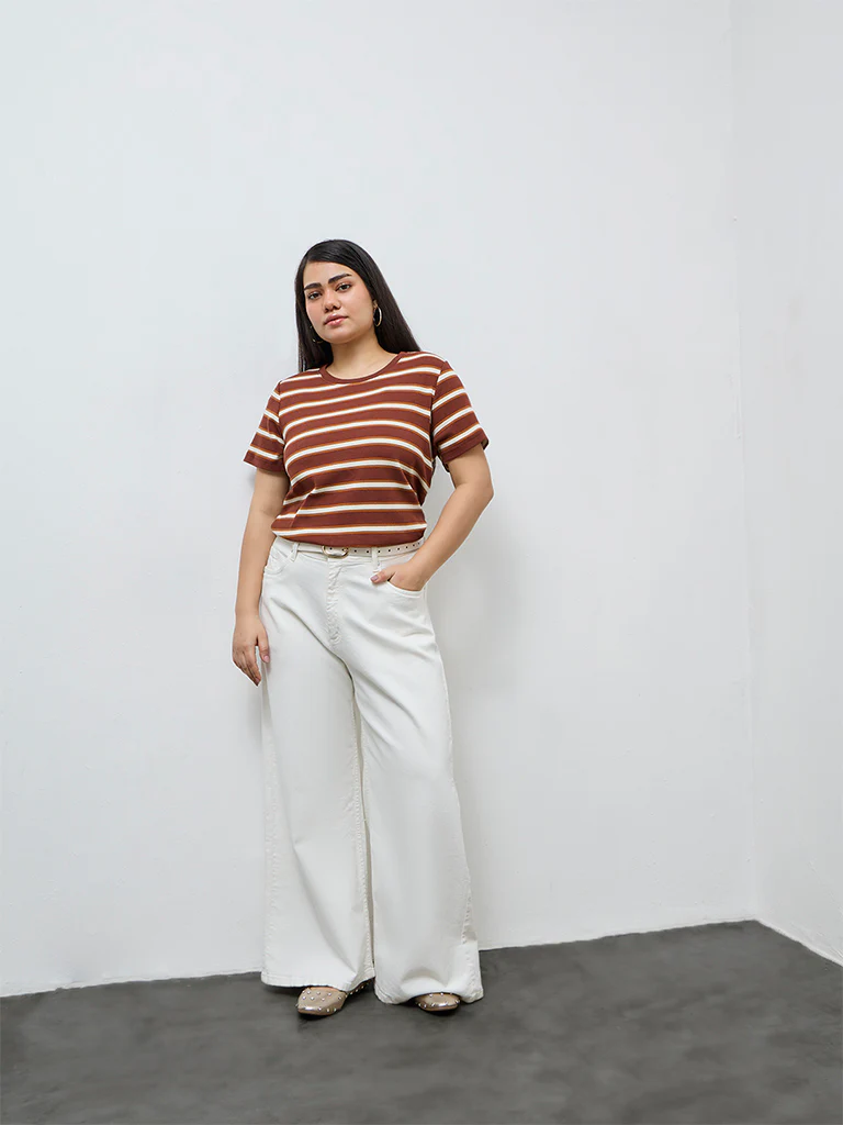 Gia Dark Brown Striped Cotton-Blend T-Shirt