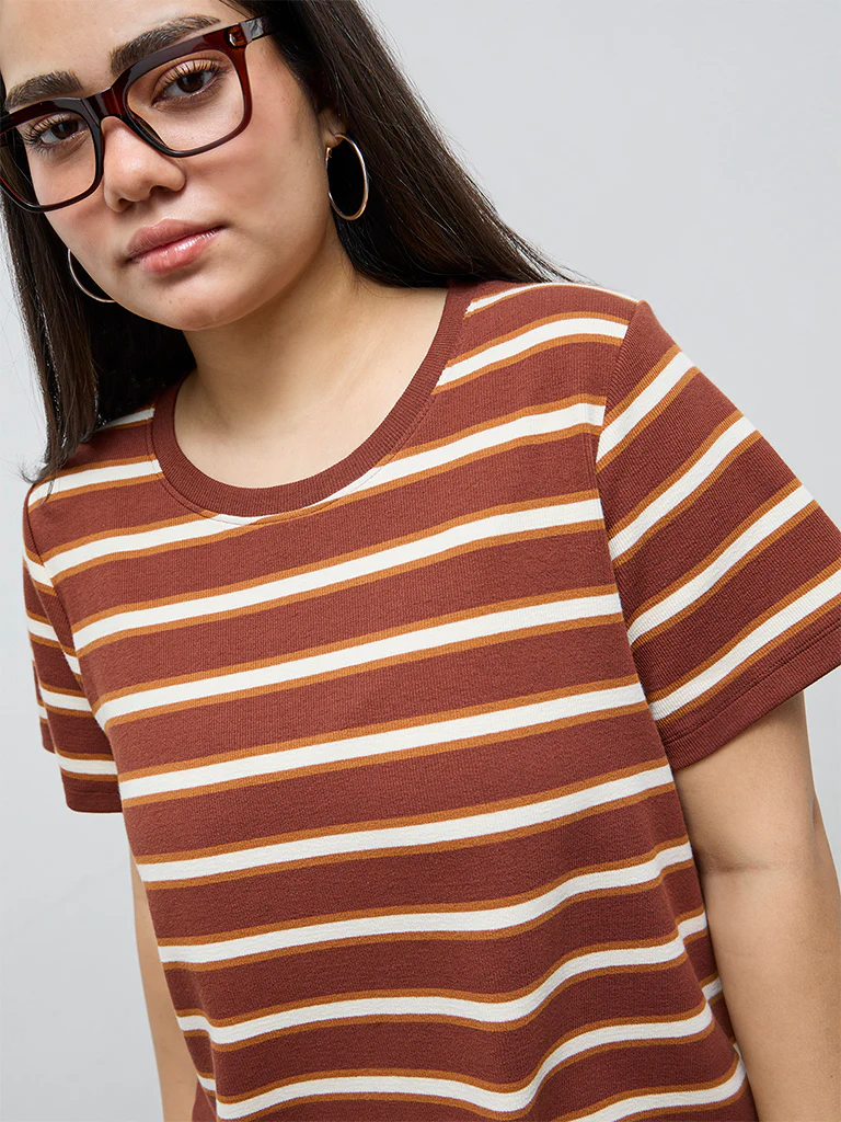 Gia Dark Brown Striped Cotton-Blend T-Shirt - Image 3