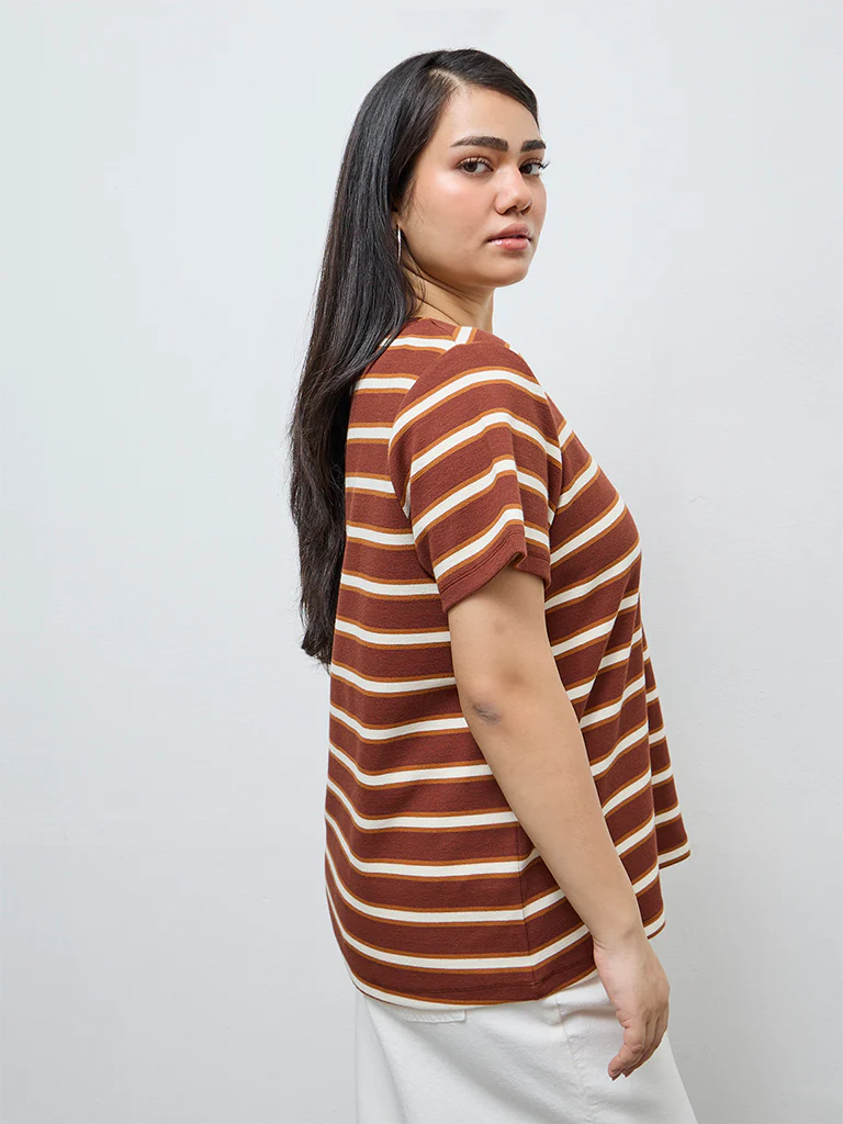 Gia Dark Brown Striped Cotton-Blend T-Shirt - Image 4
