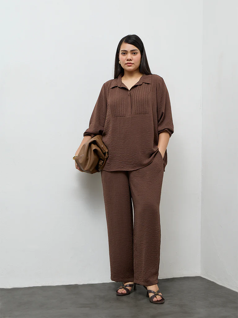 Gia Dark Brown Textured High-Rise Pants