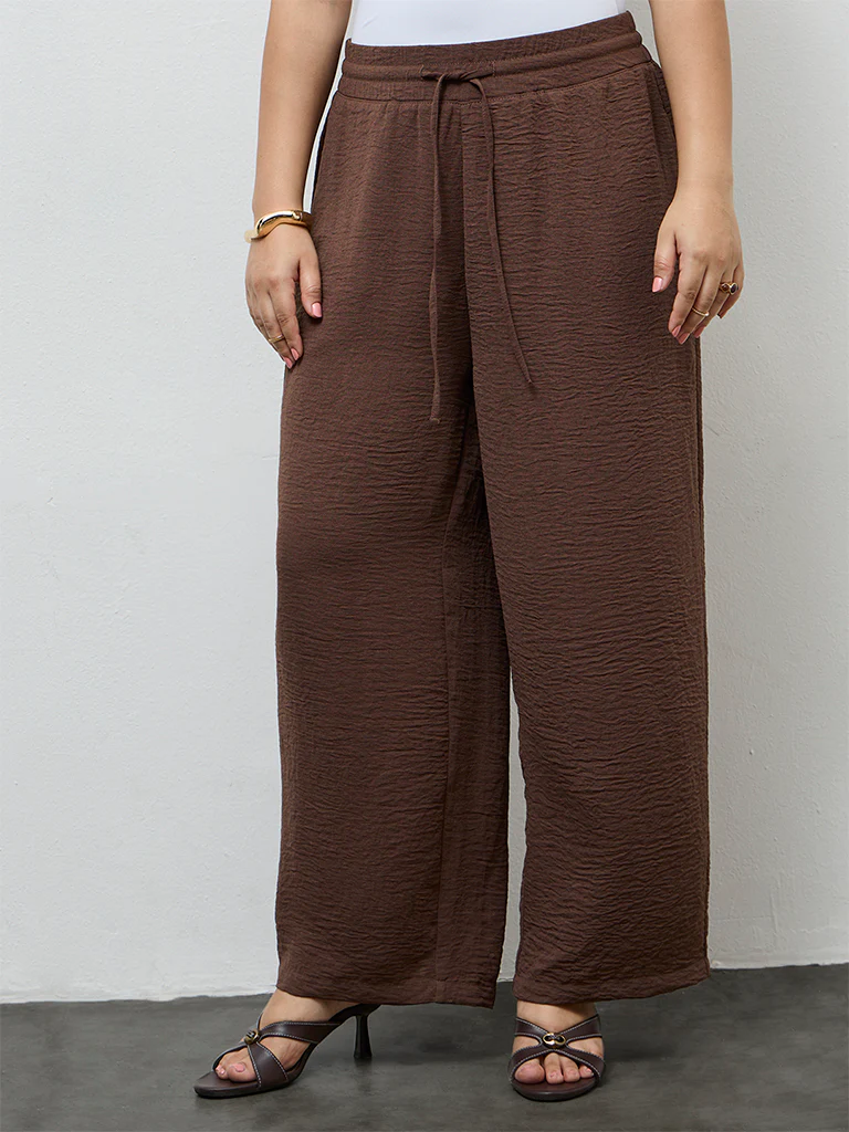 Gia Dark Brown Textured High-Rise Pants - Image 2
