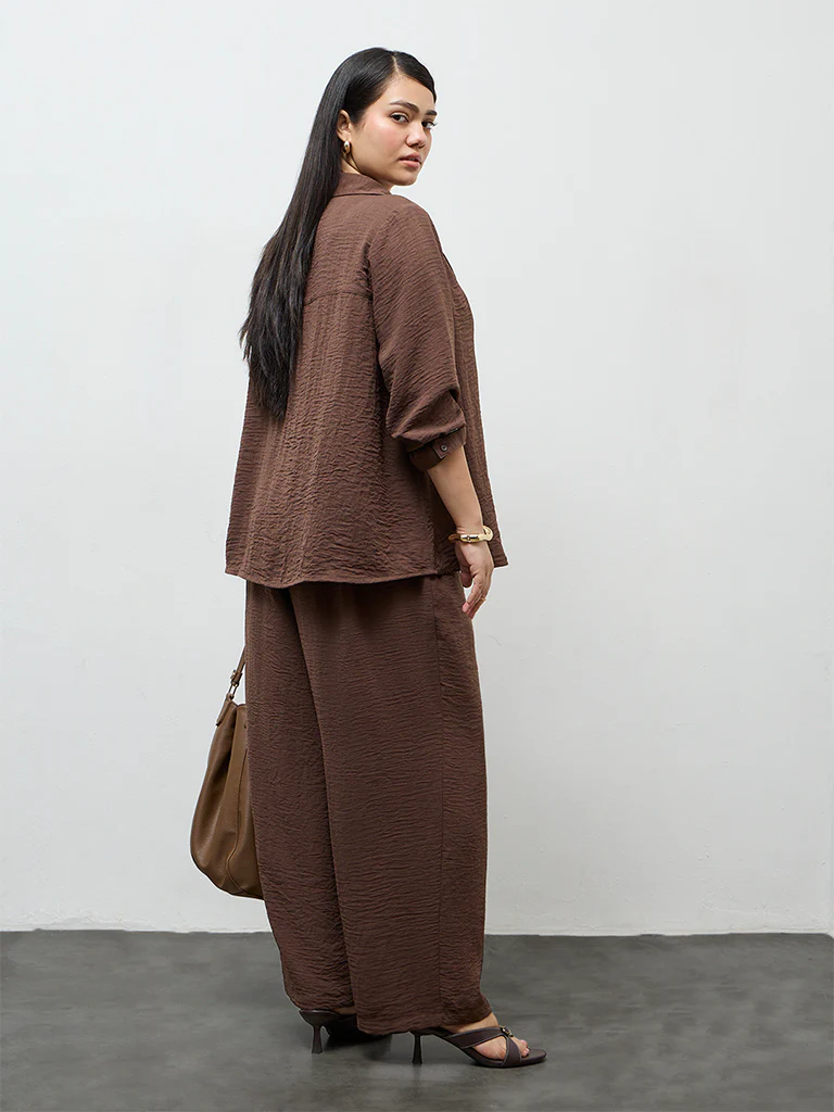 Gia Dark Brown Textured High-Rise Pants - Image 4