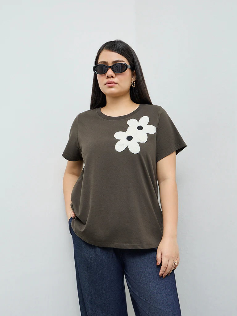Gia Dark Olive Floral Embroidered Cotton-Blend T-Shirt