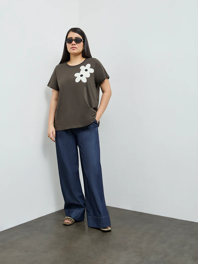 Gia Dark Olive Floral Embroidered Cotton-Blend T-Shirt - Image 2