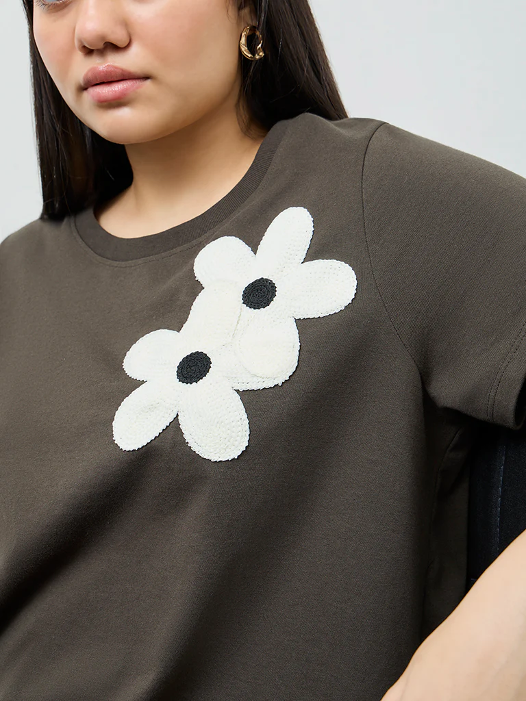 Gia Dark Olive Floral Embroidered Cotton-Blend T-Shirt - Image 3