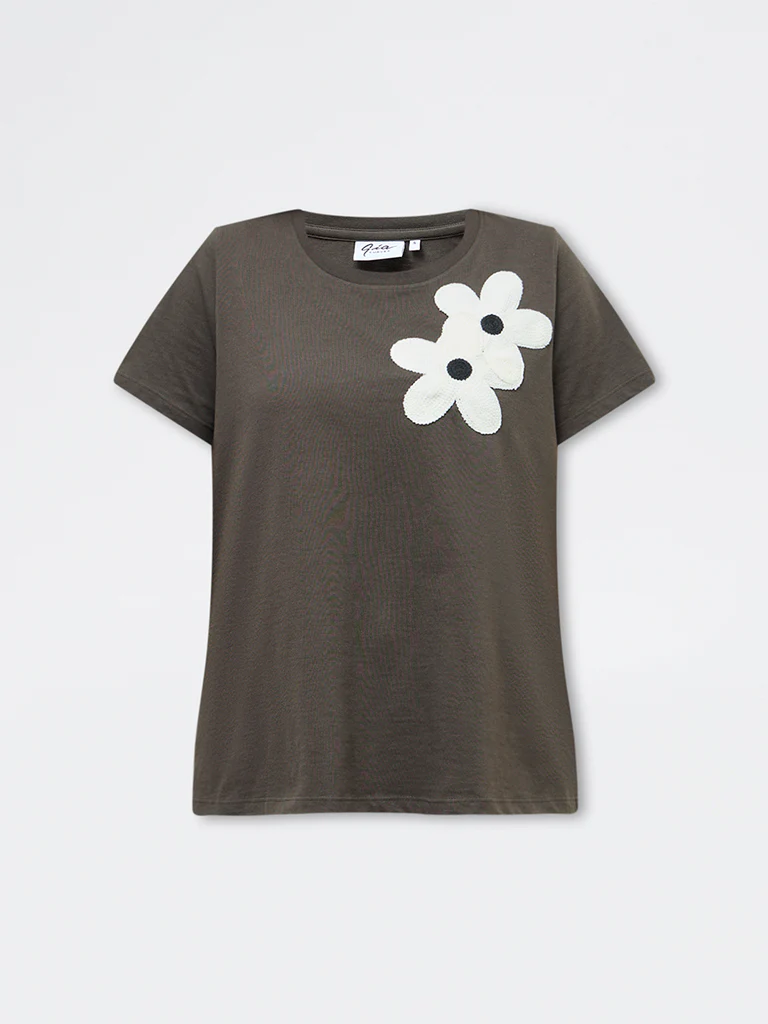 Gia Dark Olive Floral Embroidered Cotton-Blend T-Shirt - Image 5