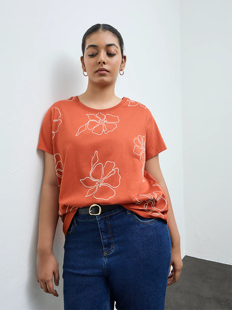 Gia Dark Orange Floral Printed Cotton T-Shirt