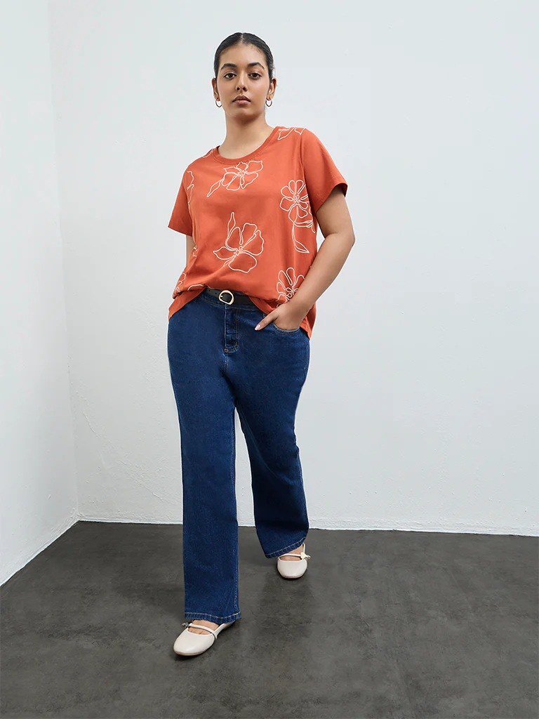 Gia Dark Orange Floral Printed Cotton T-Shirt - Image 2