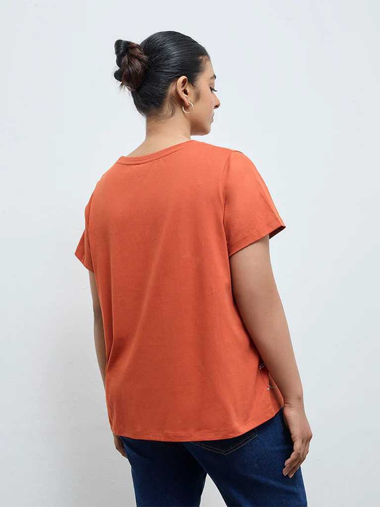 Gia Dark Orange Floral Printed Cotton T-Shirt - Image 4