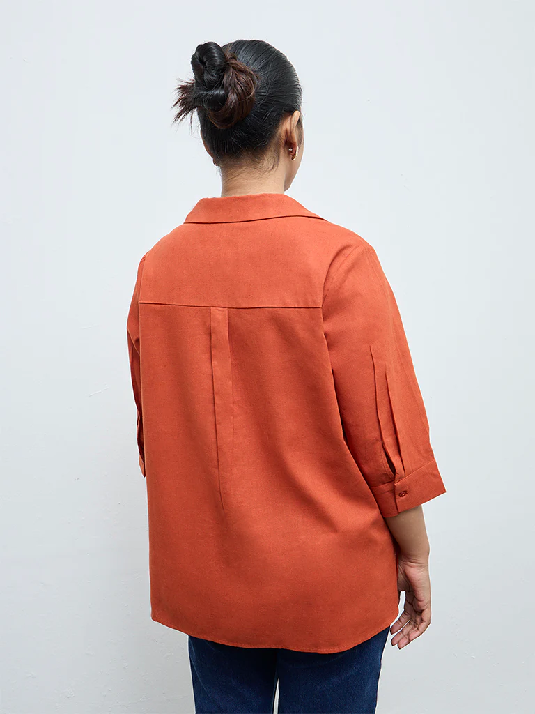 Gia Dark Orange Solid Cotton-Blend Blouse - Image 4