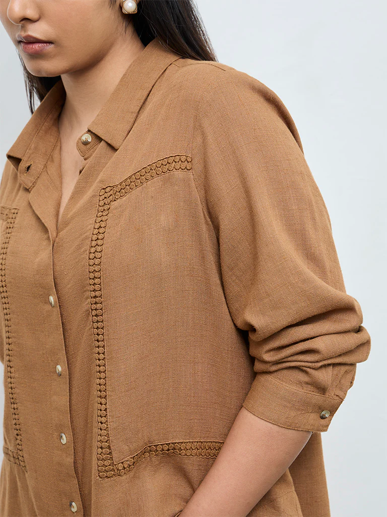 Gia Dark Taupe Embroidered High-Low Blouse - Image 3