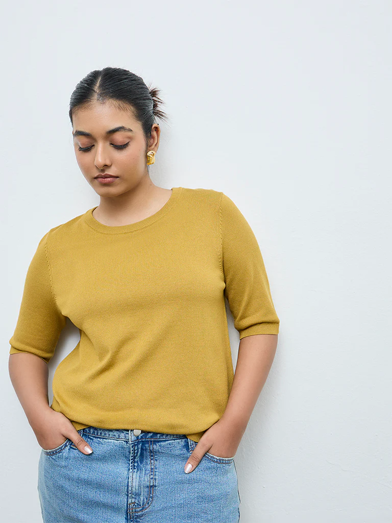 Gia Dark Yellow Knit-Textured Sweater - Image 2