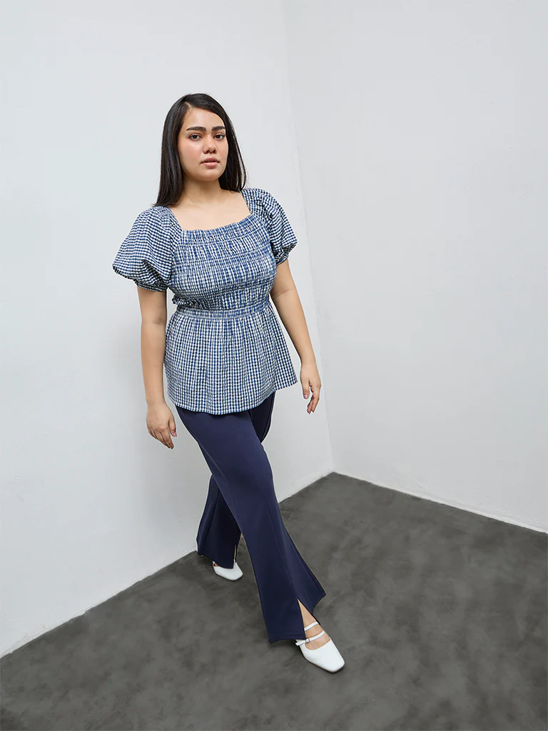 Gia Indigo Checkered Cotton Peplum Top - Image 2