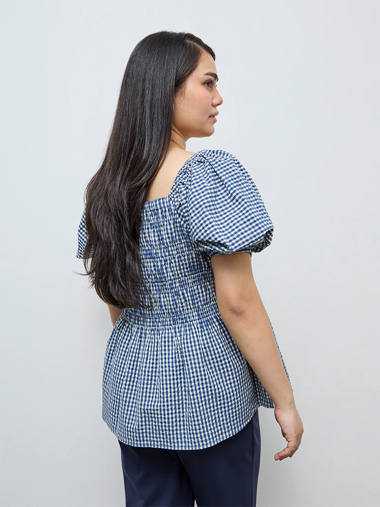 Gia Indigo Checkered Cotton Peplum Top - Image 4