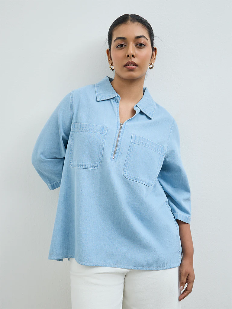 Gia Light Blue Cotton-Blend Top - Image 2