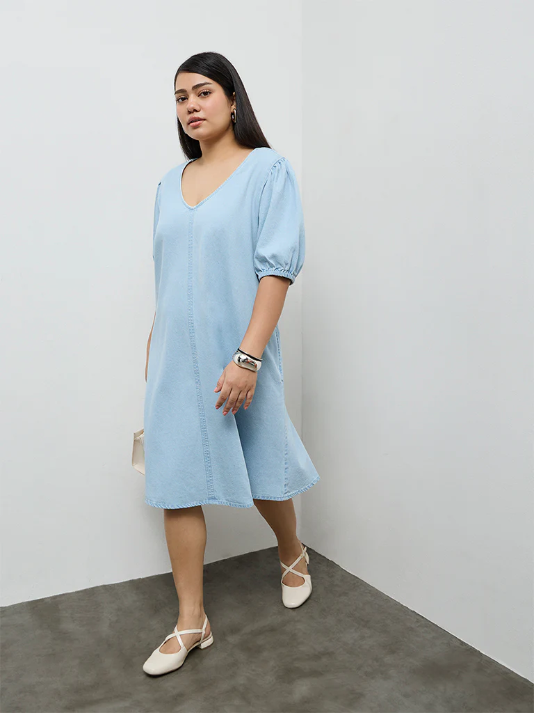 Gia Light Blue Denim A-Line Dress - Image 2