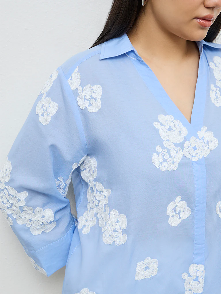 Gia Light Blue Floral Embroidered Shirt - Image 3