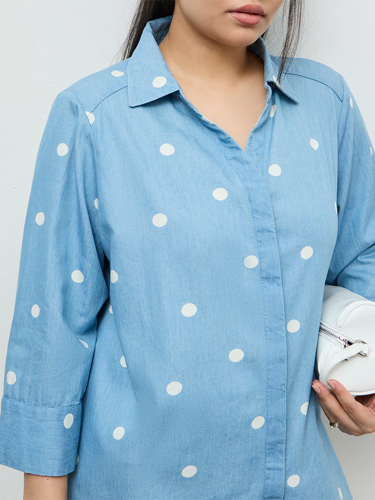 Gia Light Blue Polka-Dot Printed Cotton Shirt - Image 3