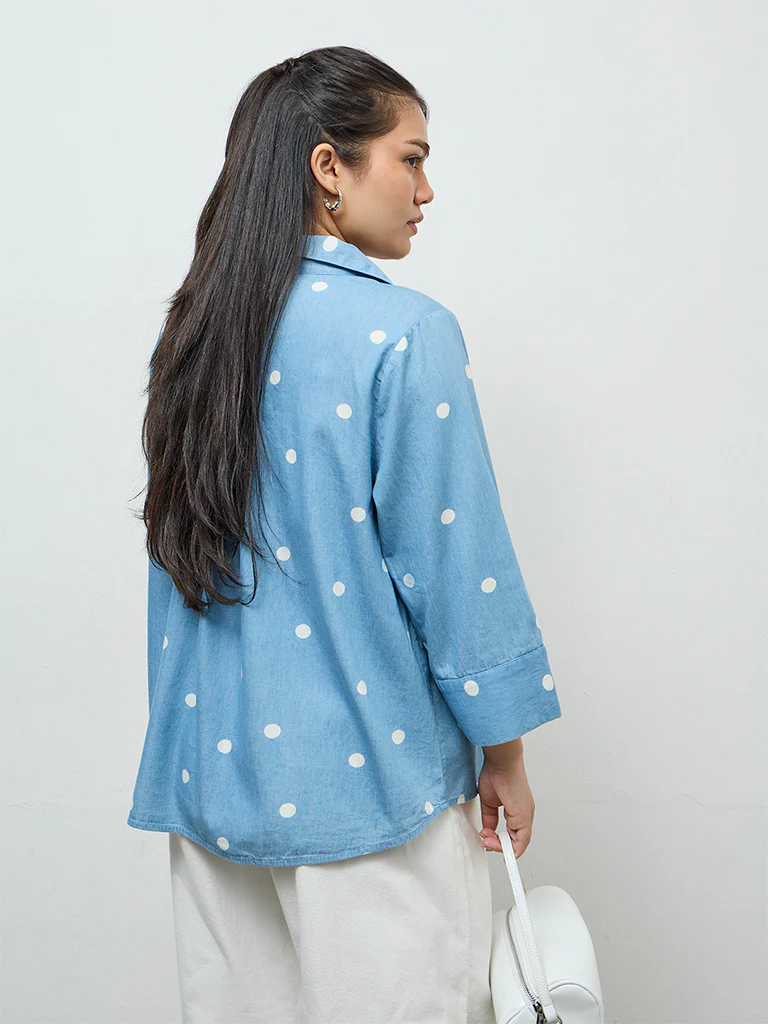 Gia Light Blue Polka-Dot Printed Cotton Shirt - Image 4