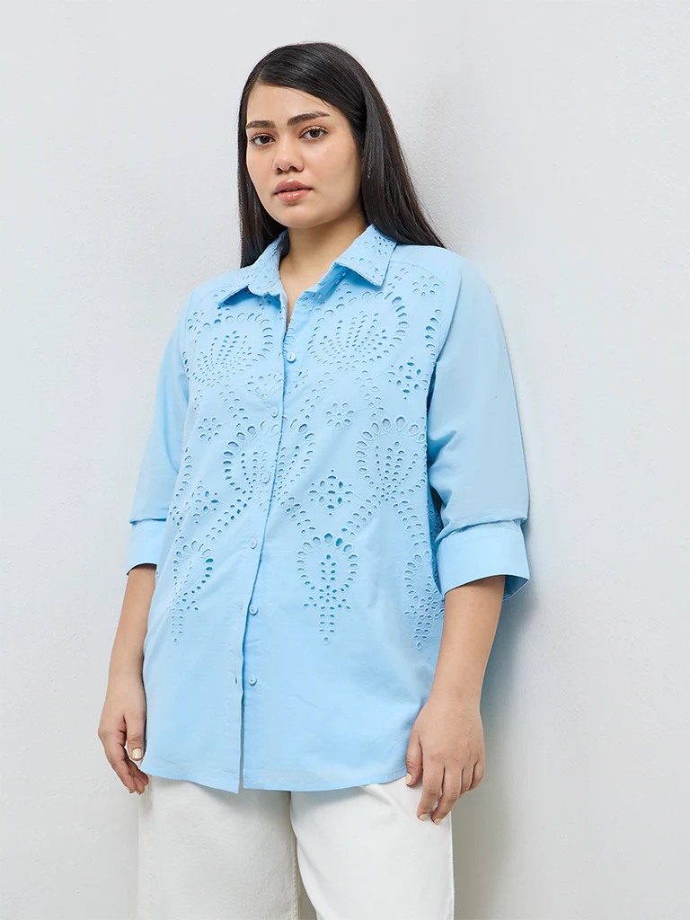 Gia Light Blue Schiffli Embroidered Cotton Shirt - Image 2