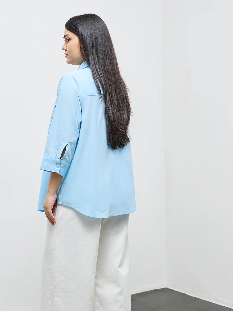 Gia Light Blue Schiffli Embroidered Cotton Shirt - Image 4