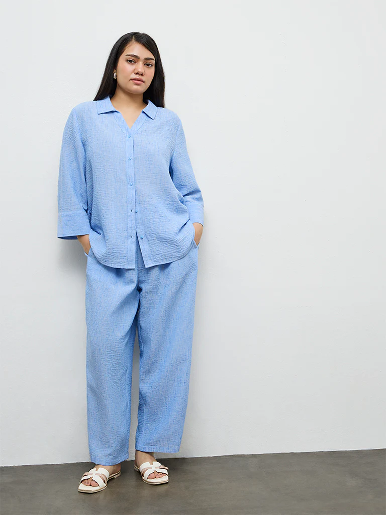 Gia Light Blue Textured High-Rise Pants