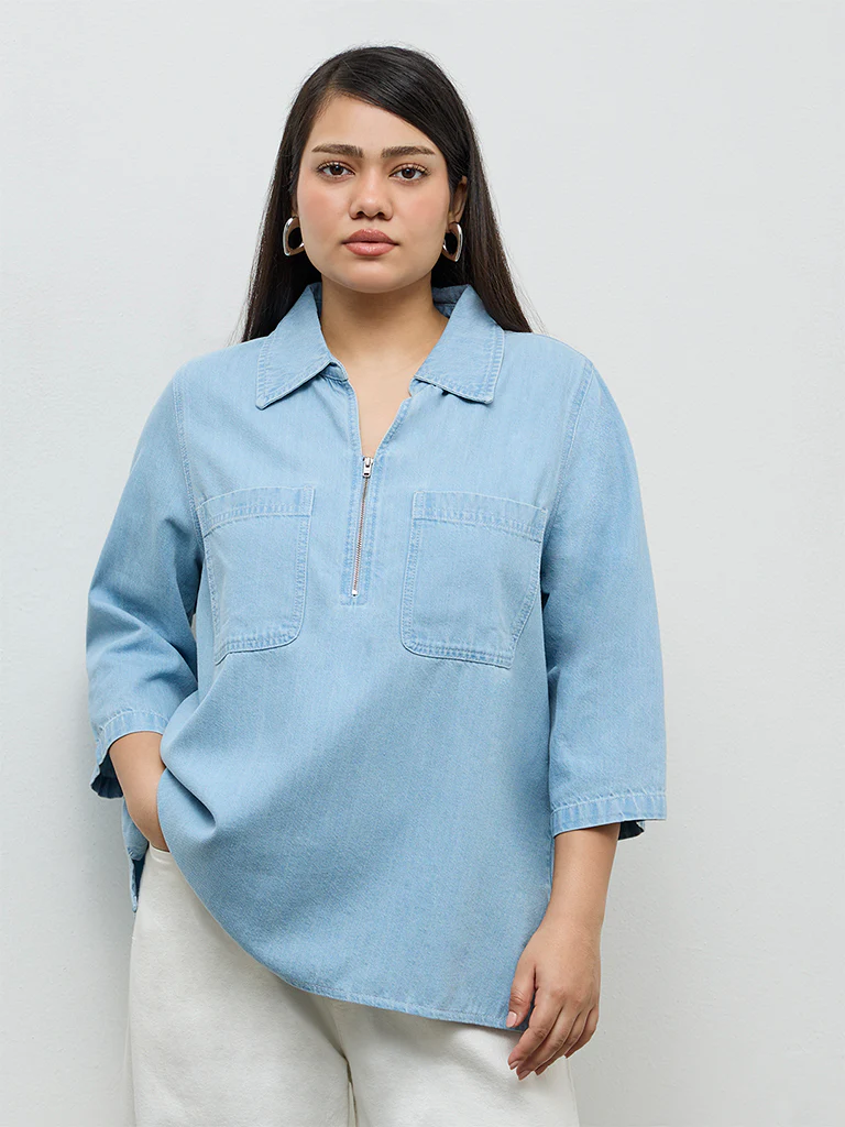 Gia Light Blue Washed Denim Blouse