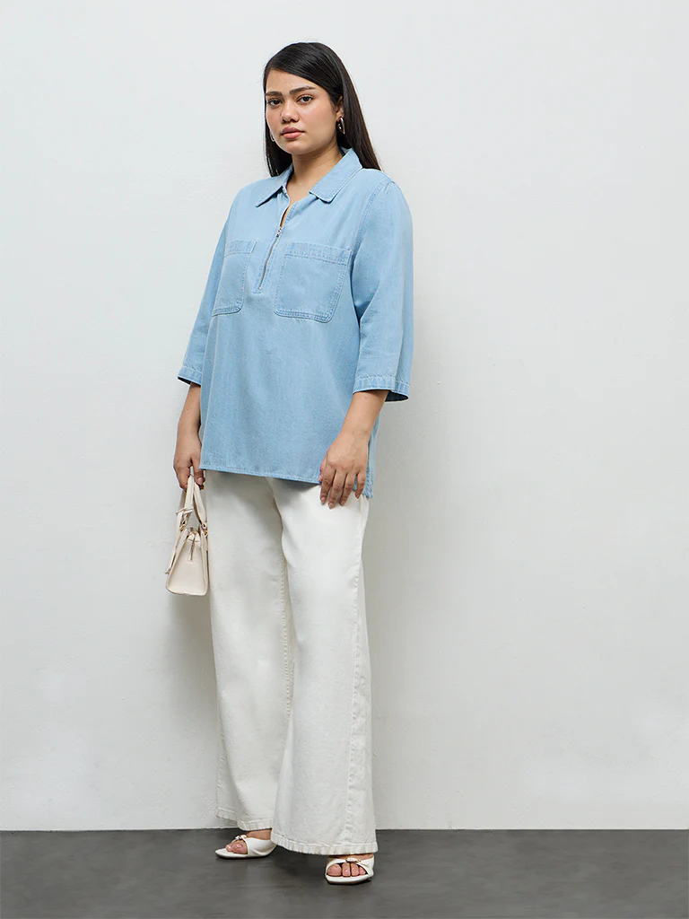 Gia Light Blue Washed Denim Blouse - Image 2