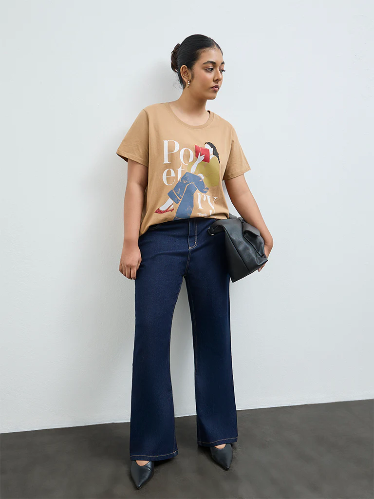 Gia Light Brown Graphic Printed Cotton T-Shirt