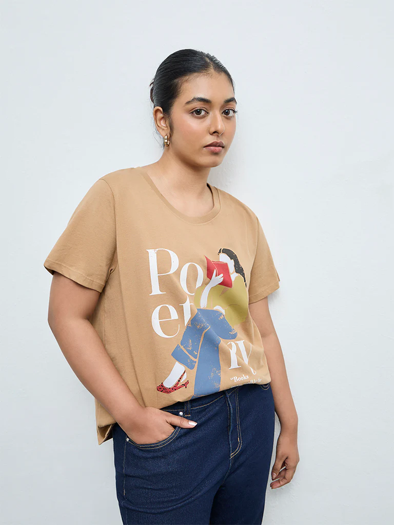 Gia Light Brown Graphic Printed Cotton T-Shirt - Image 2