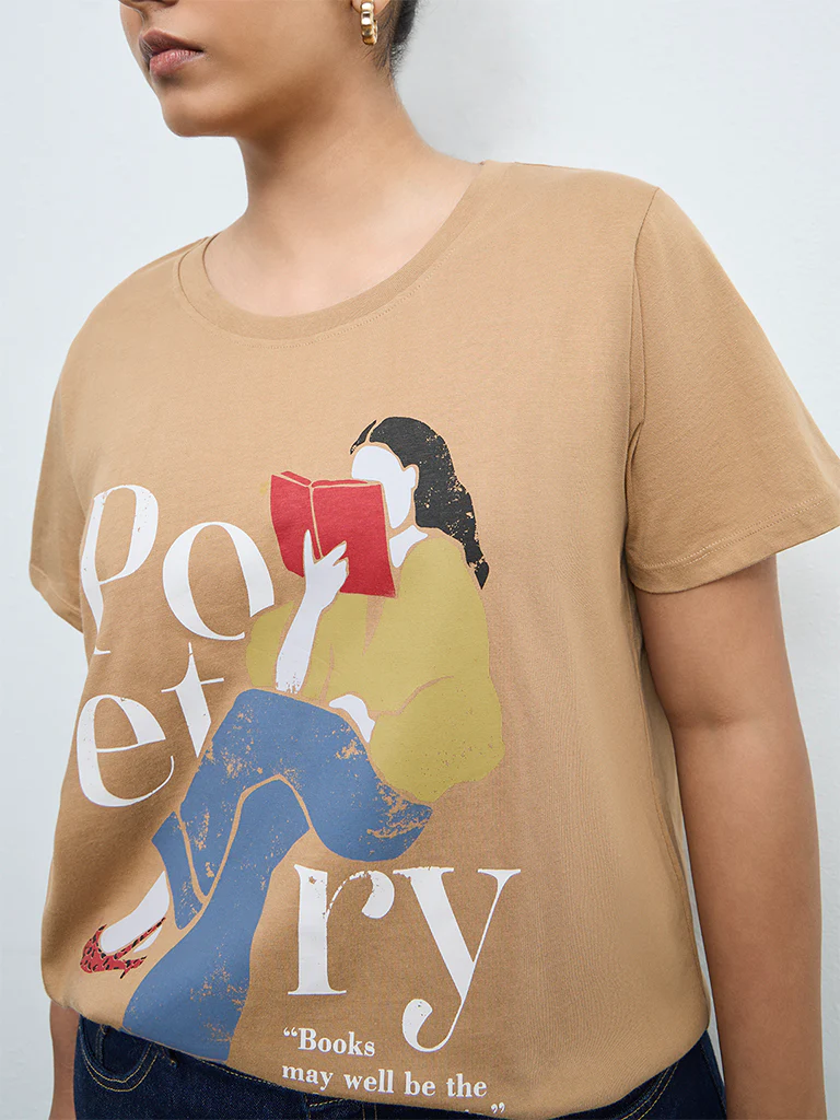 Gia Light Brown Graphic Printed Cotton T-Shirt - Image 3