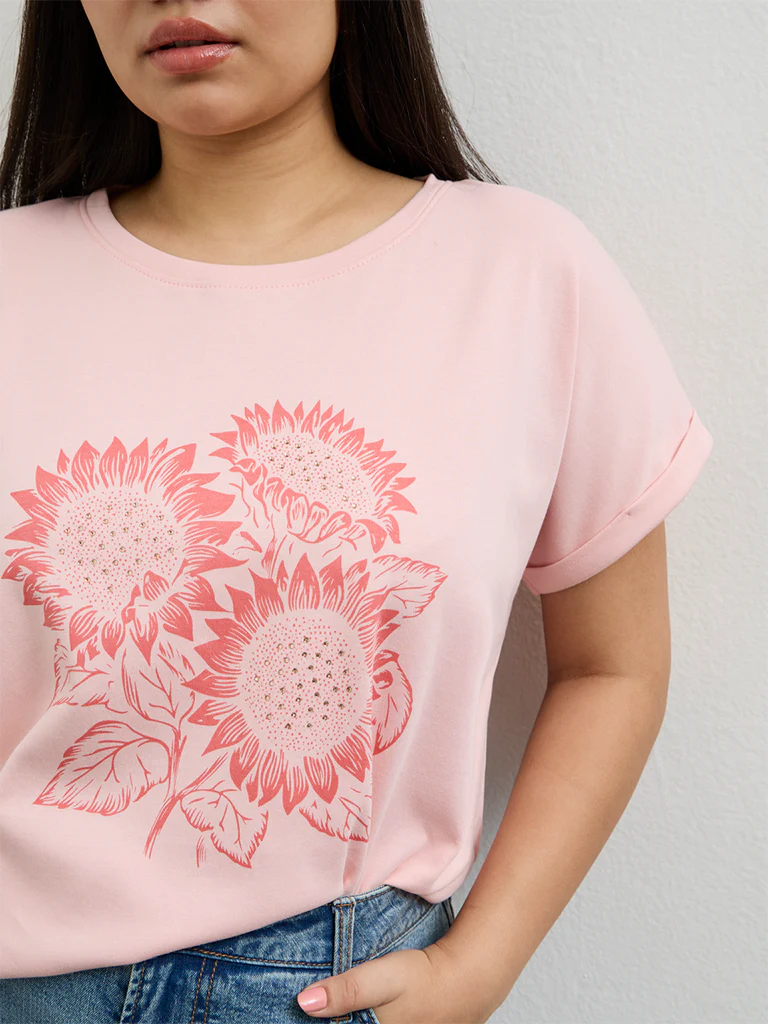 Gia Light Pink Floral Printed Cotton T-Shirt - Image 3