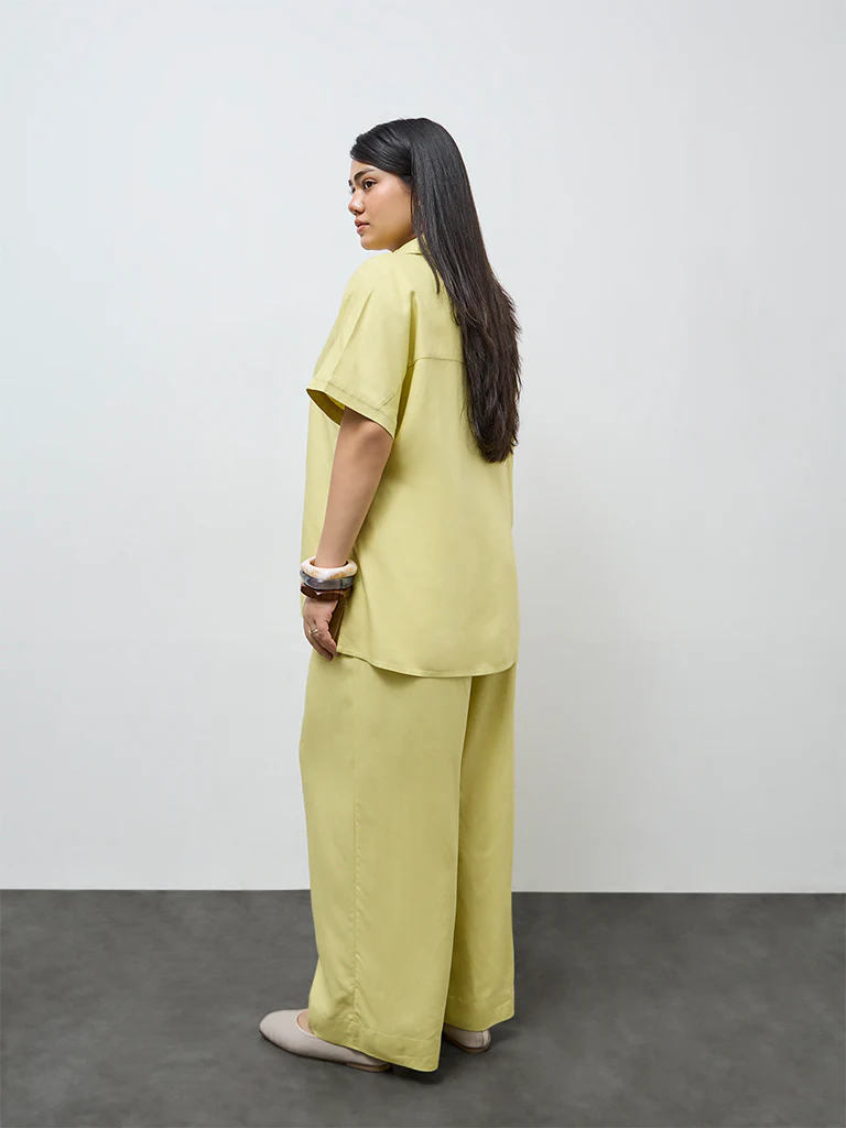 Gia Light Yellow Solid High-Rise Cotton-Blend Trousers - Image 4