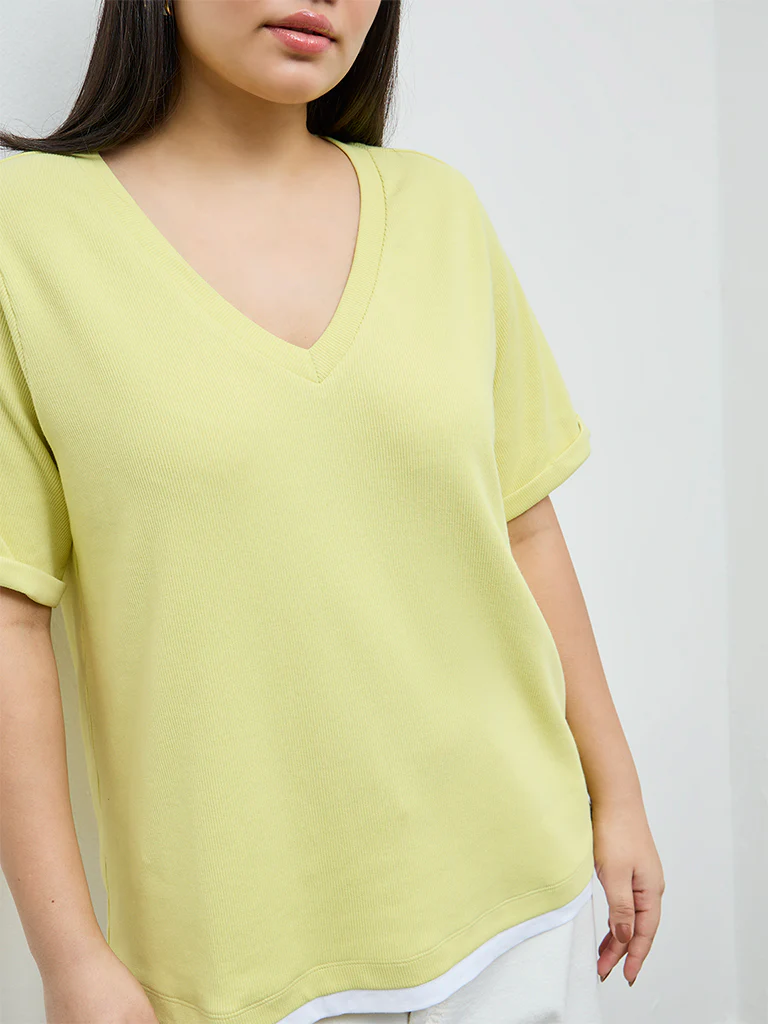 Gia Lime Ribbed-Textured Cotton T-Shirt - Image 2
