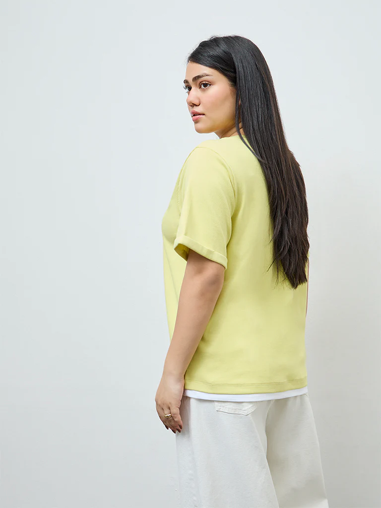 Gia Lime Ribbed-Textured Cotton T-Shirt - Image 3