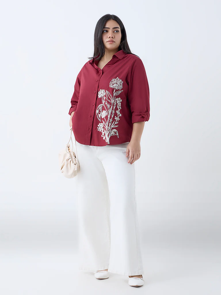 Gia Maroon Floral Embroidered Cotton Shirt