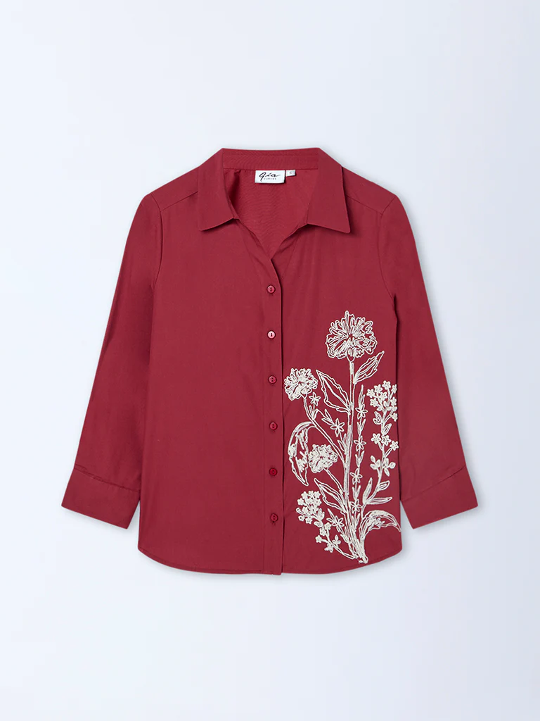 Gia Maroon Floral Embroidered Cotton Shirt - Image 5